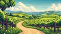Winding Road Through Sunny Vineyard Hills