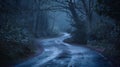 A winding road surrounded by a canopy of trees bathed in the soft glow of moonbeams. The stillness of the night is