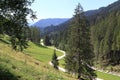 Winding road, view of wooded mountains. Path, green meadows, pastures and forests. Royalty Free Stock Photo