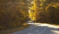 Winding rual road with car inside colorful autumn forest