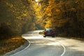 winding rual road with car inside colorful autumn forest Royalty Free Stock Photo