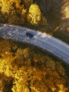 Winding rual road inside autumn forest with black car