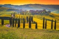 Winding rural road in the grain fields at sunset, Tuscany Royalty Free Stock Photo