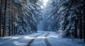 Winding snowy road through a dense pine forest with sunlight filtering through the snow-covered branches Royalty Free Stock Photo