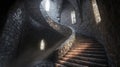 Winding staircase inside a medieval stone tower with soft lighting Royalty Free Stock Photo