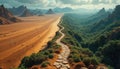 Winding Stone Path Dividing Desert and Lush Forest Royalty Free Stock Photo