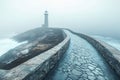 A winding stone pathway meanders towards a lighthouse on a rocky coastline. Soft blue and gray tones create a tranquil Royalty Free Stock Photo