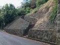 Winding stone stairway cuts through steep stone wall on NW Summit Ave, Portland, Oregon