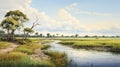 Realistic River Painting: Serene Marsh Of Brazil Watercolor Illustration