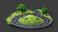 A winding two-lane highway isolated on a transparent background. Direction and navigation signs for a map, realistic