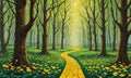 winding yellow brick path leads through lush forest, with tall trees and radiant sun casting warm glow on the