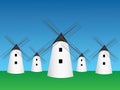 Many old traditional windmill homes vector in open green field and blue sky to mill grain illustration Royalty Free Stock Photo