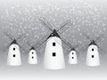 Many old traditional windmill homes vector in snow weather of winter season to mill grain illustration Royalty Free Stock Photo