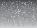 Many cool modern windmills vector to generate electricity from wind in snowy weather of winter season for renewable energy