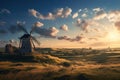 windmill background during sun set, ai generated