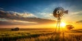 A windmill in backlight in a field Generative AI Royalty Free Stock Photo