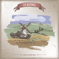 Windmill, barn, field landscape hand drawn color vector sketch.