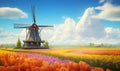 windmill in a beautiful flower garden, ai generative