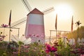 Windmill with beautiful flowers park Royalty Free Stock Photo