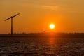 Windmill and birds in flight for renowable electric power at sun