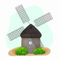 Windmill cartoon traditional rural windmills. Flour mill, grinds grain. Windmill with millstones. Grain processing. Royalty Free Stock Photo