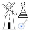 Windmill, Chess Pawn, and Target with Arrow Representing Strategy, Goals, and Achievement Royalty Free Stock Photo