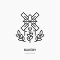 Windmill with ears of wheat. Bakery logo, flat line icon.