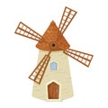 Windmill fairy, cartoon isolated on white background. Retro, rural building, tower with wooden propeller. Clipart, design element Royalty Free Stock Photo