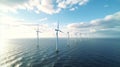 Windmill farm in the ocean. Offshore wind turbines in the sea. Ocean Wind Farm. Royalty Free Stock Photo