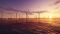 Windmill farm power stations blades spinning in ocean offshore at dusk.