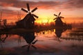 windmill farm at sunset during maintenance period Royalty Free Stock Photo