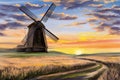 windmill in the field, beautiful sunrise in the countryside, summer landscape, digital art illustration painted with