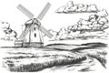 windmill in the field, countryside, summer landscape, hand drawn vector illustration realistic sketch