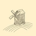 Windmill on the field hand drawn sketch vector illustration Royalty Free Stock Photo