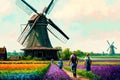 Old Windmill in The Flower Fields Royalty Free Stock Photo