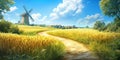 A windmill is in the foreground of a field of tall grass Royalty Free Stock Photo