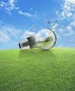 Windmill and forest inside light bulb with birds over green grass field and blue sky , Ecological concept Royalty Free Stock Photo