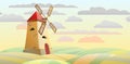 Windmill. Garden and rolling hills. Morning rural farm landscape. Morning orange sky. Cute funny cartoon design