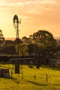 Windmill with grazing cows on daily farm at sunset Royalty Free Stock Photo