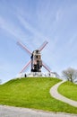 Windmill, green grass, blue sky in Bruges