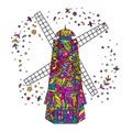 Windmill. Hand drawing isolated. Multicolored vector doodling.