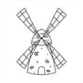 Windmill. Hand drawn doodle style. Vector illustration isolated on white. Coloring page.