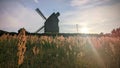 Windmill and hay meadow at sunset in summer Royalty Free Stock Photo