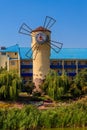 Windmill of Health on shore of Khorol river in wellness resort Myrhorod, Ukraine. Text translates as