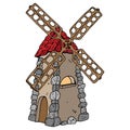 Windmill icon. Vector of a cartoon mill. Hand drawn windmill