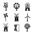 Windmill icons. Vector wind turbine and mill black signs isolated on white background. Royalty Free Stock Photo