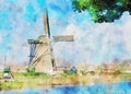 Windmill at kinderdjik watercolor painting on craft paper Royalty Free Stock Photo