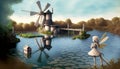 windmill by the lake fairy tale drawing suitable as background