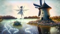 windmill by the lake fairy tale drawing suitable as background