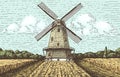 Windmill landscape in vintage, retro hand drawn or engraved style, can be use for bakery logo, wheat field with old Royalty Free Stock Photo